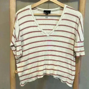 ✨Oversized Size small White, red &black striped short sleeve V-neck ribbed shirt